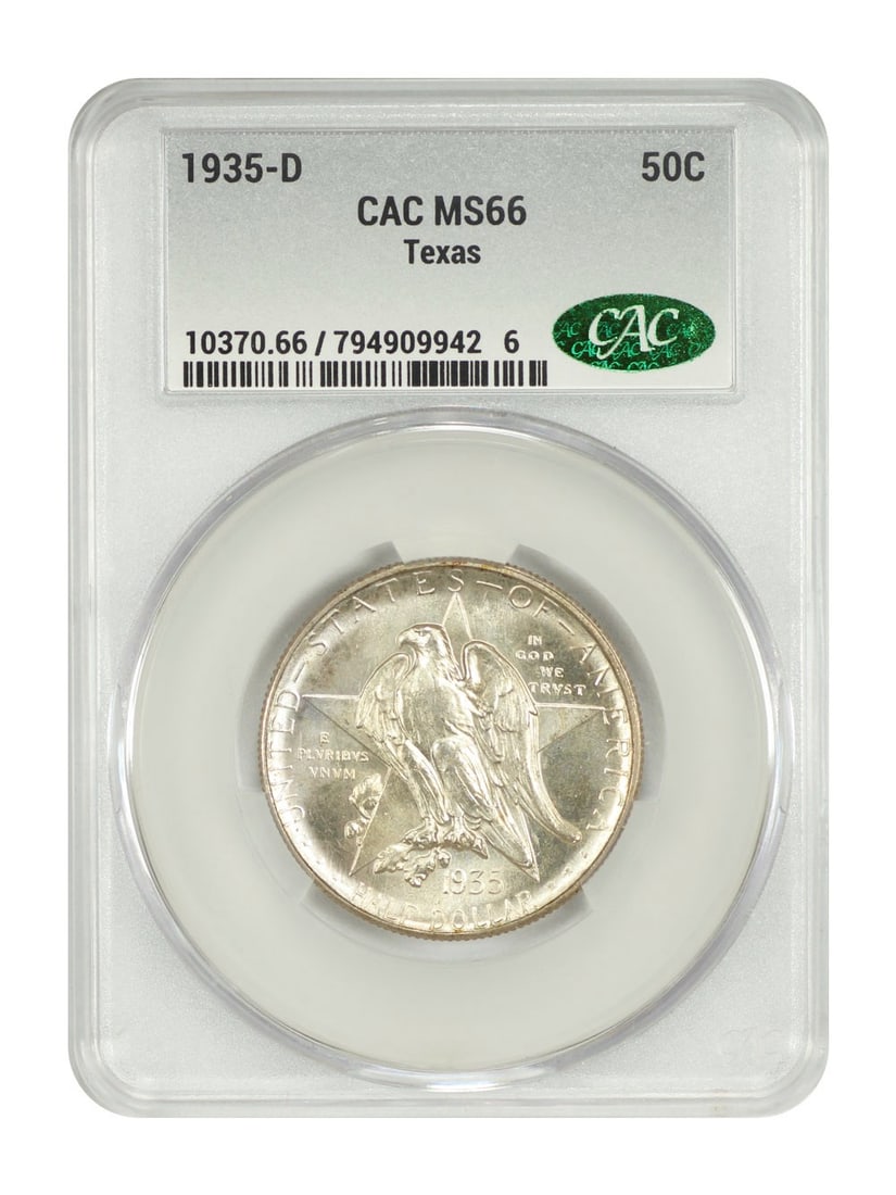 Texas 1935-D Silver Half Dollar CACG MS66 Commemorative Low Mintage Coin: Texas 1935-D Silver Half Dollar CACG MS66 Commemorative Low Mintage Coin This 1935-D Texas 50-cent silver commemorative coin is a low mintage issue, with only 10,007 coins produced to mark the 100th a