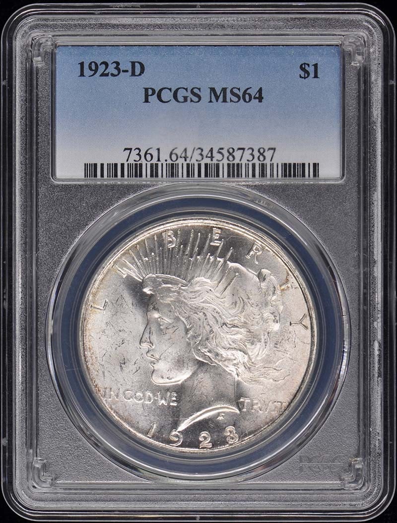 1923-D Peace Dollar PCGS MS64 Uncirculated Denver Coin: 1923-D Peace Dollar PCGS MS64 Uncirculated Denver Coin This 1923-D Peace Dollar is a remarkable addition for any coin collector. Certified by PCGS with a grade of MS64, this coin is in uncirculated co