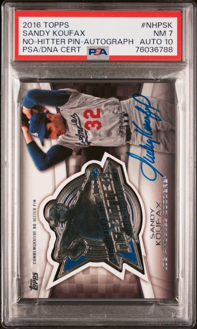 Sandy Koufax 2016 Topps No Hitter Pin Auto PSA 7 #NHPSK 20/25: Sandy Koufax 2016 Topps No Hitter Pin Auto PSA 7 #NHPSK 20/25 Celebrate the legacy of Sandy Koufax with this 2016 Topps No Hitter Pin Auto Baseball Card. This eye-catching card features a stunning aut