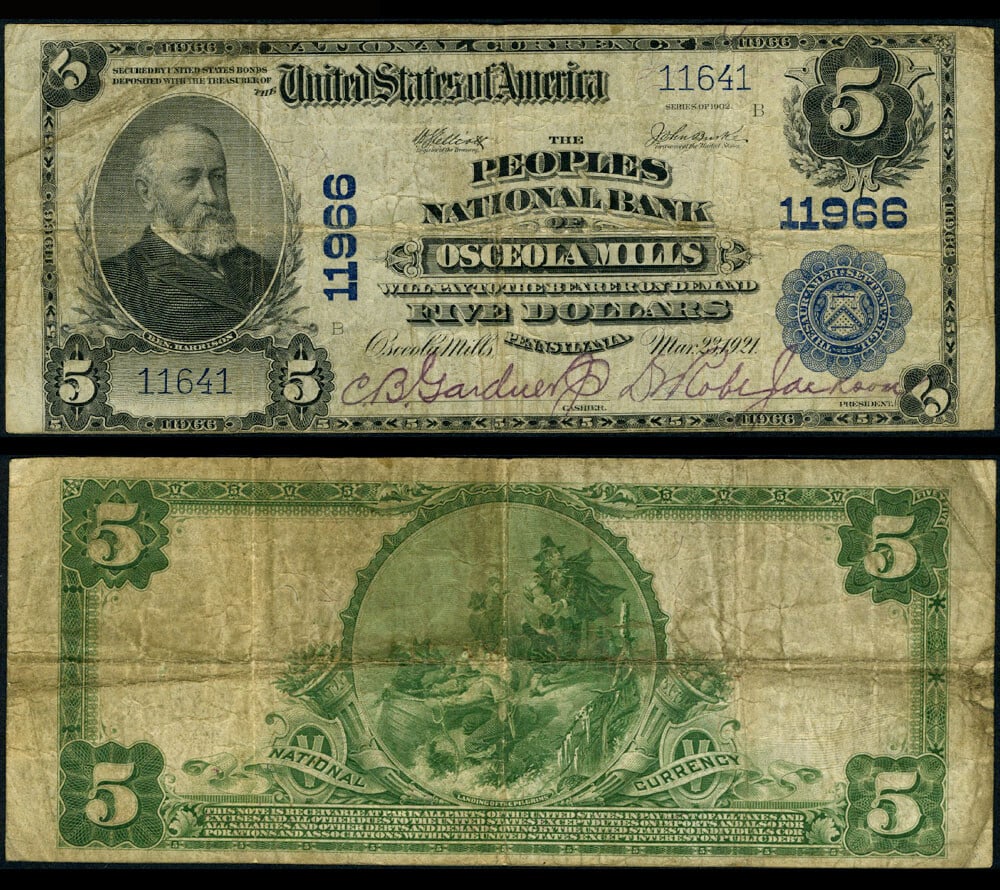1902 Peoples National Bank Osceola Mills $5 Note Charter 11966 Fine Plus: 1902 Peoples National Bank Osceola Mills $5 Note Charter 11966 Fine Plus This is a circulated $5 National Bank Note issued in 1902 by the Peoples National Bank of Osceola Mills, Pennsylvania, with cha