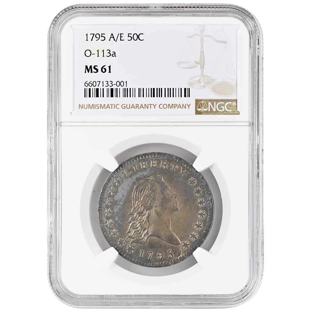 1795 Flowing Hair Half Dollar O-113a A Over E Variety NGC MS61 Silver Coin: 1795 Flowing Hair Half Dollar O-113a A Over E Variety NGC MS61 Silver Coin This is a 1795 Flowing Hair Half Dollar, Overton 113 variety with the distinctive 'A over E' in STATES on the reverse. Certif
