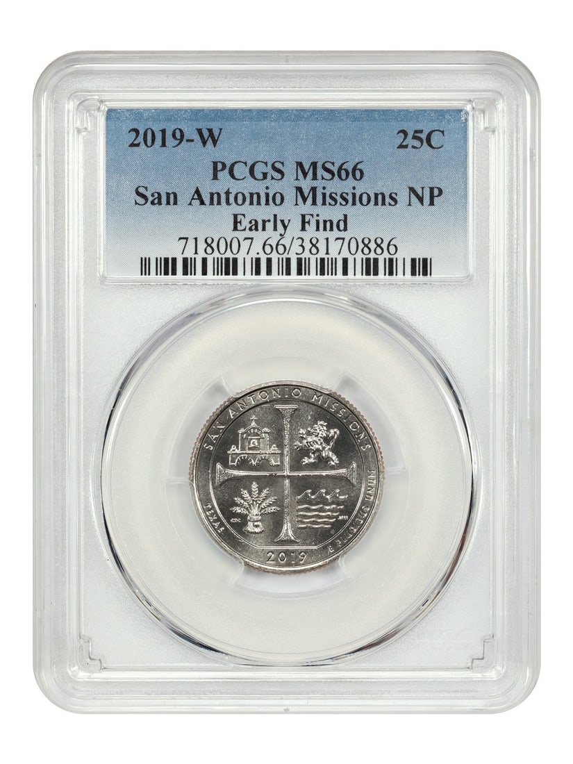 2019-W 25C San Antonio Missions NP PCGS MS66 Type 1 Clad Coin: 2019-W 25C San Antonio Missions NP PCGS MS66 Type 1 Clad Coin This 2019-W 25C San Antonio Missions National Park coin is certified by PCGS with a grade of MS66, indicating its high quality and uncircu