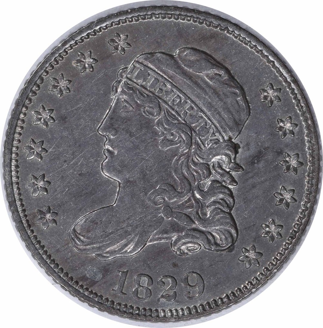 1829 Capped Bust Silver Half Dime Brilliant Uncirculated Uncertified: 1829 Capped Bust Silver Half Dime Brilliant Uncirculated Uncertified This 1829 Bust Silver Half Dime features a beautiful Capped Bust design, showcasing the artistry of early American coinage. It is c