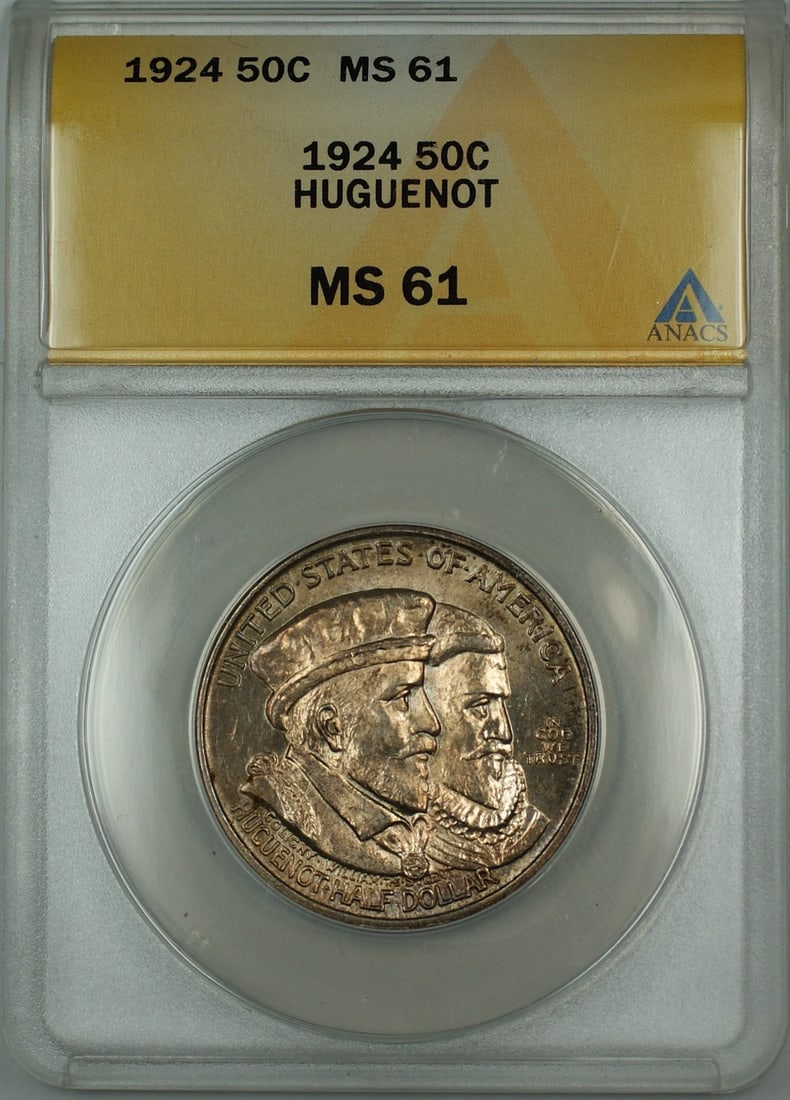 1924 Silver Huguenot Half Dollar ANACS MS 61 with Toning: 1924 Silver Huguenot Half Dollar ANACS MS 61 with Toning This is a 1924 Huguenot Commemorative Silver Half Dollar 50c coin, graded MS 61 by ANACS. The coin features attractive toning on both the obver