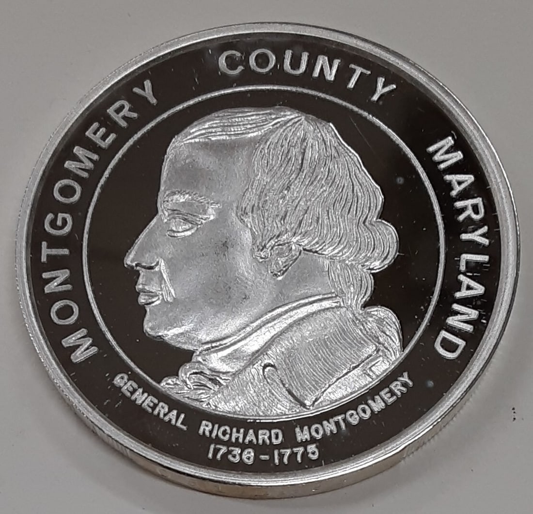 1 Troy Ounce .999 Silver Montgomery County MD 1976 Bicentennial Medal: 1 Troy Ounce .999 Silver Montgomery County MD 1976 Bicentennial Medal This 1976 Montgomery County, Maryland Bicentennial silver round commemorates the county's namesake, Revolutionary War General Rich
