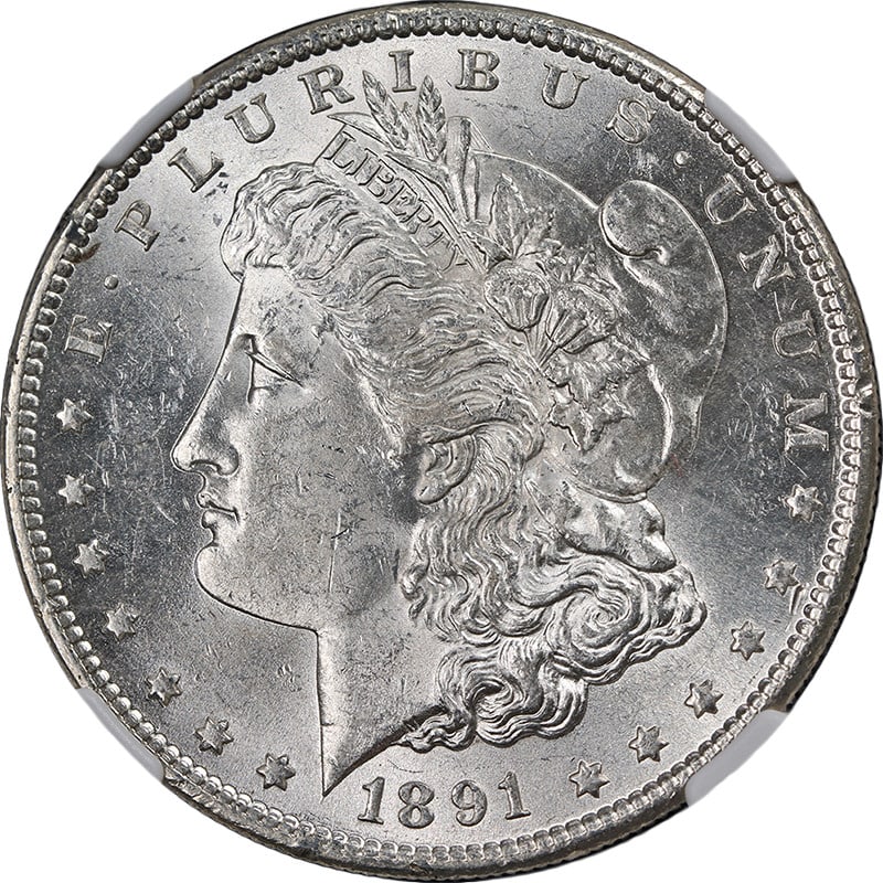 1891-S Morgan Silver Dollar NGC Uncirculated Brilliant Eye Appeal: 1891-S Morgan Silver Dollar NGC Uncirculated Brilliant Eye Appeal This 1891-S Morgan Silver Dollar, certified by NGC, is graded as Brilliant Uncirculated, showcasing its exceptional luster and appeali
