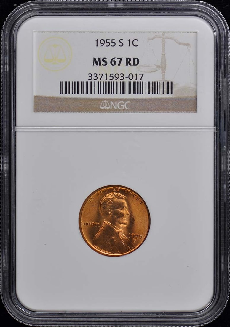 1955-S Lincoln Cent NGC MS67RD Uncirculated Wheat Reverse: 1955-S Lincoln Cent NGC MS67RD Uncirculated Wheat Reverse This 1955-S Wheat Reverse Lincoln Cent is a stunning piece for any coin collector. Certified by NGC with a grade of MS67, this uncirculated co