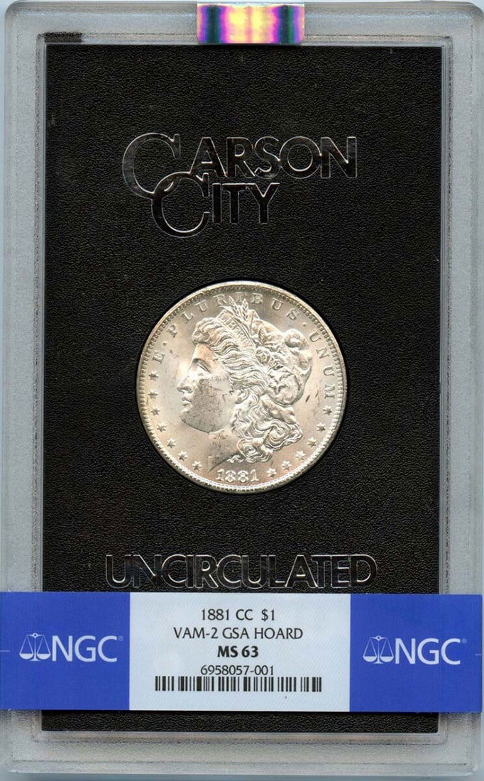 1881-CC Morgan Dollar VAM-2 GSA Hoard NGC MS63 Uncirculated: 1881-CC Morgan Dollar VAM-2 GSA Hoard NGC MS63 Uncirculated This 1881-CC Morgan Dollar is a stunning example from the Carson City mint, graded MS63 by NGC, ensuring its uncirculated condition. The coi