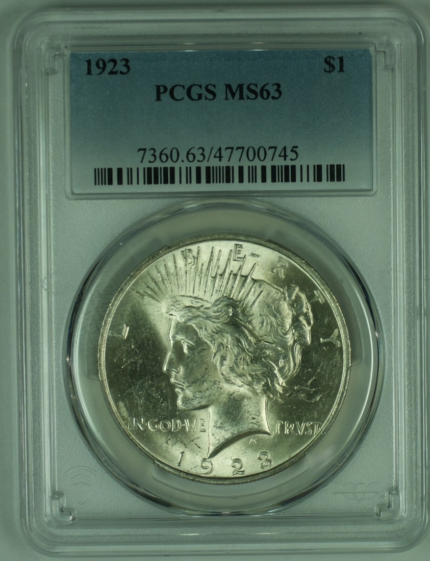 Set of Four 1923 Peace Silver Dollars PCGS MS 63 Certified: Set of Four 1923 Peace Silver Dollars PCGS MS 63 Certified This 1923 Peace Silver $1 Dollar coin is certified by PCGS with a grade of MS 63. It is an uncirculated coin from the United States, composed