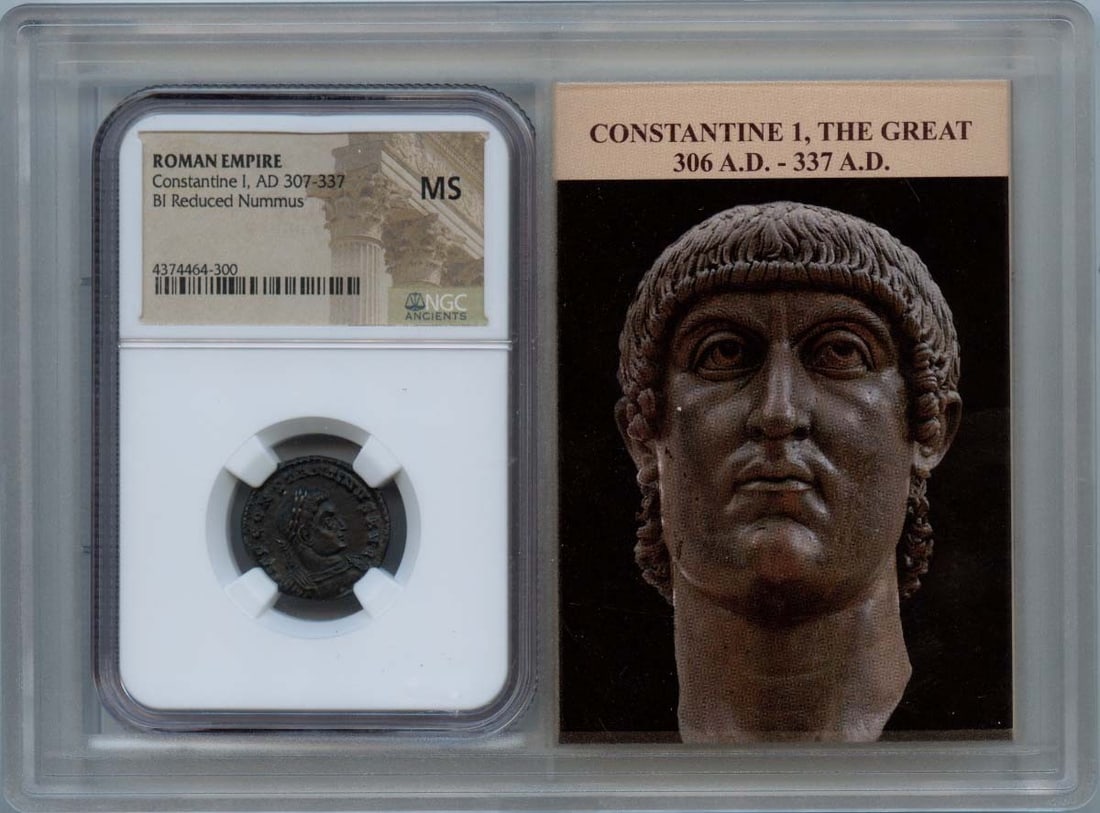 NGC MS60 Reduced Nummus of Constantine I Ancient Roman Empire: NGC MS60 Reduced Nummus of Constantine I Ancient Roman Empire This is a BI Reduced Nummus from the Roman Empire, issued during the reign of Constantine I (AD 307-337). The coin is certified by NGC and