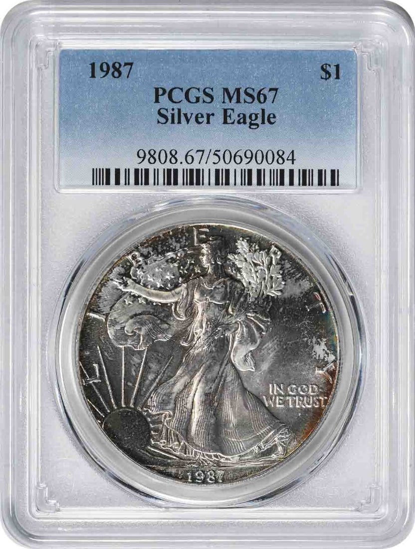 1987 American Silver Eagle MS67 PCGS Toned Grey Teal Gold Highlights (1 of 2)