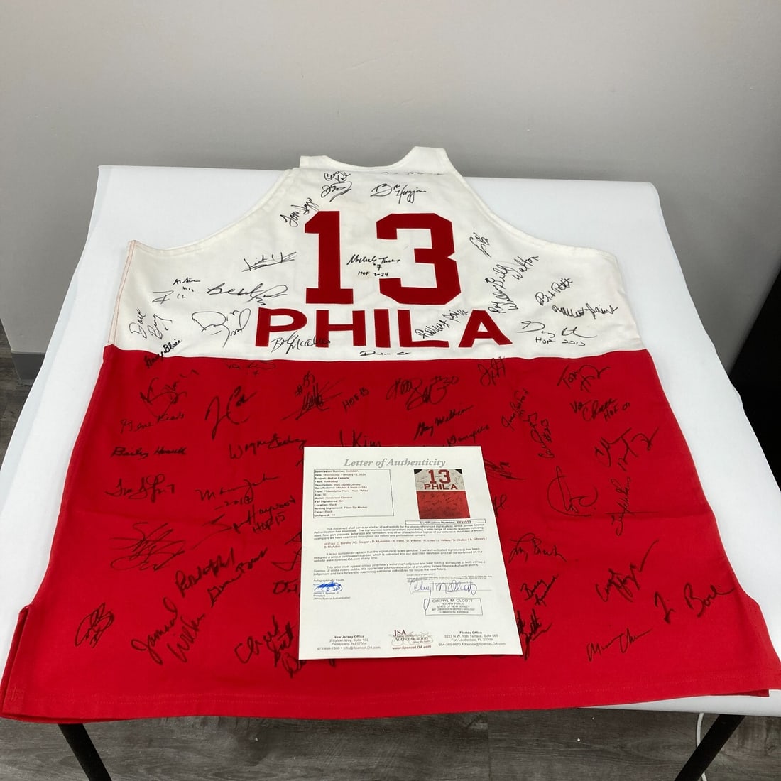 NBA Hall of Fame Multi Signed Mitchell & Ness Jersey 64 Signatures JSA COA: NBA Hall of Fame Multi Signed Mitchell & Ness Jersey 64 Signatures JSA COA This incredible NBA Hall Of Fame jersey is a must-have for any basketball enthusiast. It features 64 authentic signatures fro