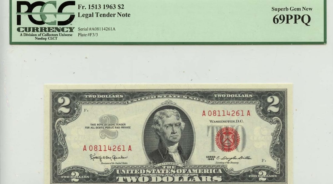 1963 $2 Legal Tender Note FR#1513 PCGS MS69 Uncirculated: 1963 $2 Legal Tender Note FR#1513 PCGS MS69 Uncirculated This 1963 $2 Legal Tender Note (FR#1513) is a remarkable piece of currency, certified by PCGS with a grade of MS69, indicative of its uncircula