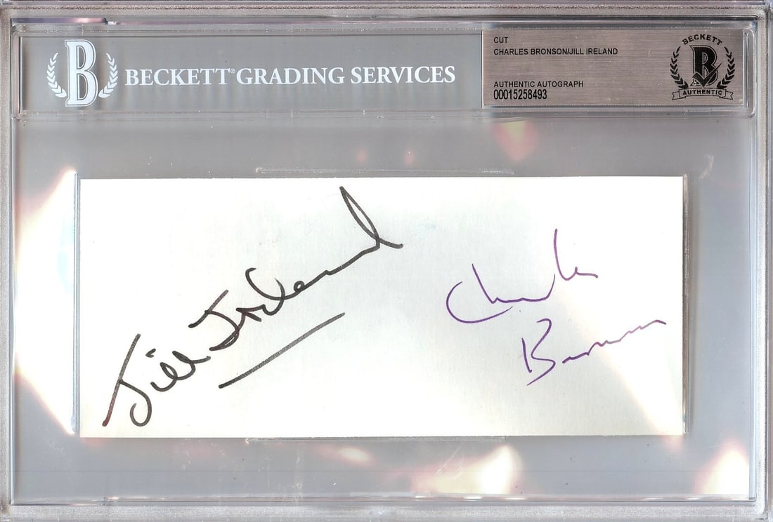 Charles Bronson Jill Ireland Cut Signature Beckett Authenticated 6 x 9: Charles Bronson Jill Ireland Cut Signature Beckett Authenticated 6 x 9 This is a rare autographed cut signature featuring both Charles Bronson and Jill Ireland, authenticated by Beckett Authentication