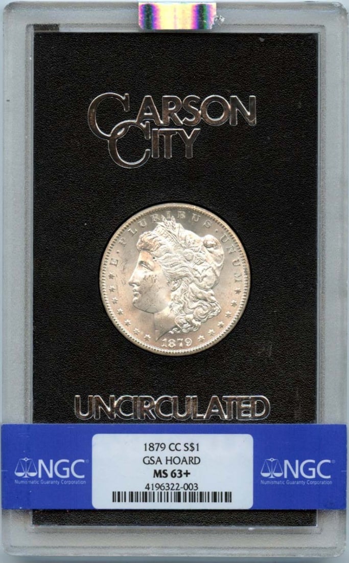 1879-CC Morgan Dollar NGC MS63+ Uncirculated GSA Hoard Coin: 1879-CC Morgan Dollar NGC MS63+ Uncirculated GSA Hoard Coin This 1879-CC Morgan Dollar is a remarkable specimen from the GSA Hoard, certified by NGC with a grade of MS63+. Struck at the Carson City mi