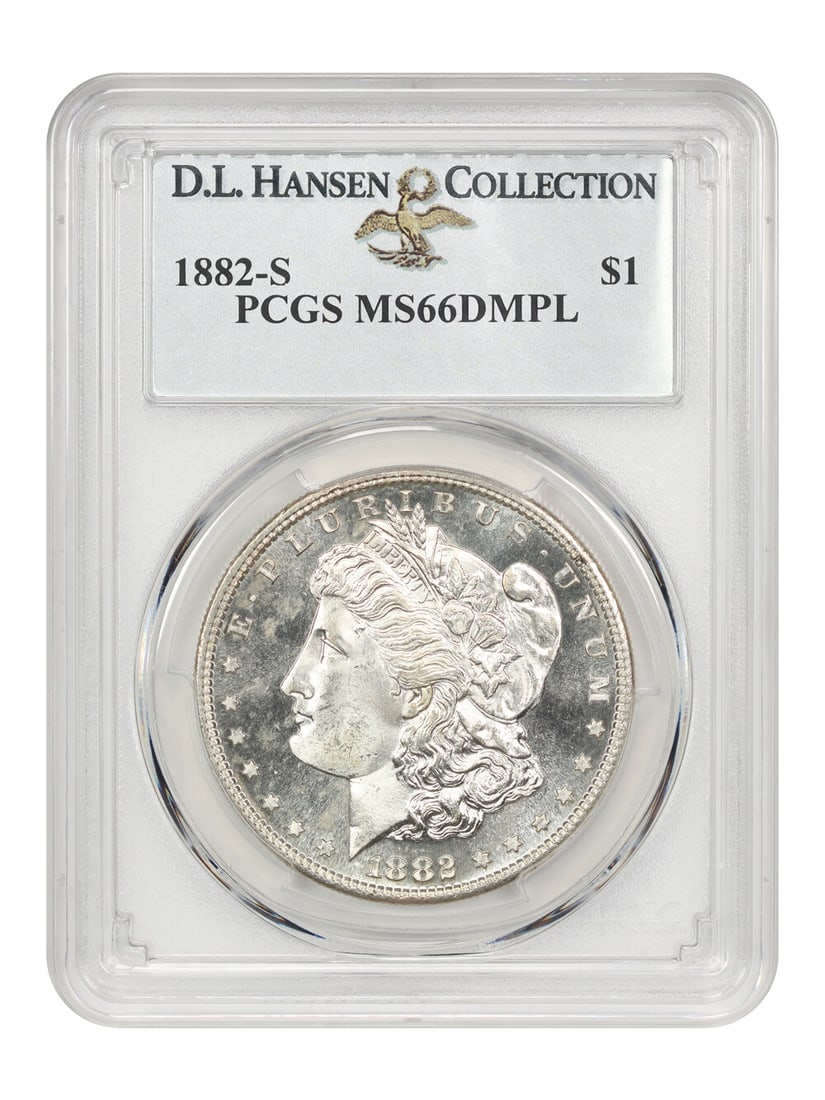 1882-S Morgan Dollar PCGS MS66 DMPL Ex D.L. Hansen: 1882-S Morgan Dollar PCGS MS66 DMPL Ex D.L. Hansen This 1882-S Morgan Dollar is a stunning example of numismatic artistry, certified by PCGS with a grade of MS66 DMPL, indicating its uncirculated cond