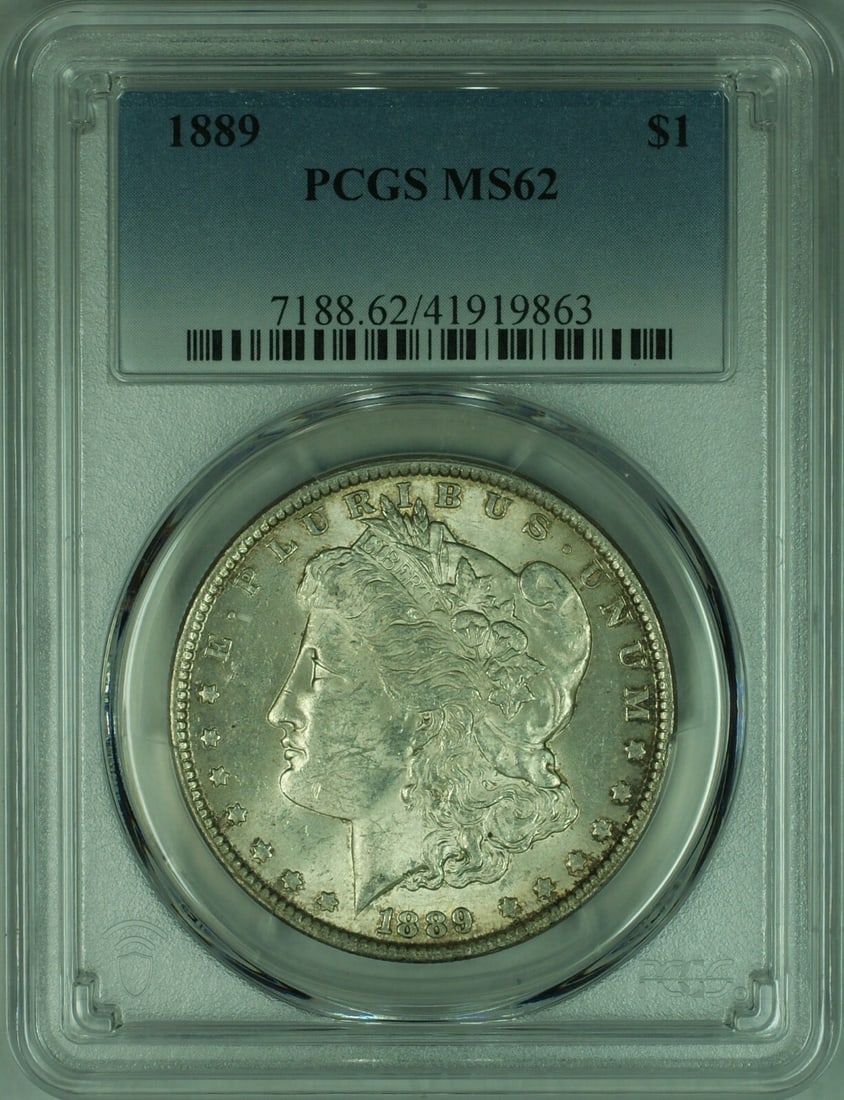 PCGS MS-62 1889 Morgan Silver Dollar Philadelphia Light Toning: PCGS MS-62 1889 Morgan Silver Dollar Philadelphia Light Toning This 1889 Morgan Silver Dollar, minted in Philadelphia, is certified by PCGS with a grade of MS-62. Composed of silver, this uncirculated