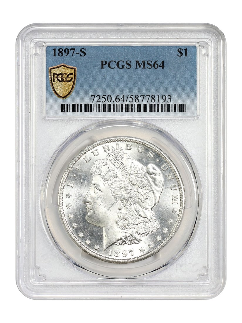 PCGS MS64 1897 San Francisco Morgan Silver Dollar Uncirculated: PCGS MS64 1897 San Francisco Morgan Silver Dollar Uncirculated This is an 1897-S Morgan Dollar graded MS64 by PCGS. The coin is uncirculated and was minted in San Francisco. It is part of the Morgan D