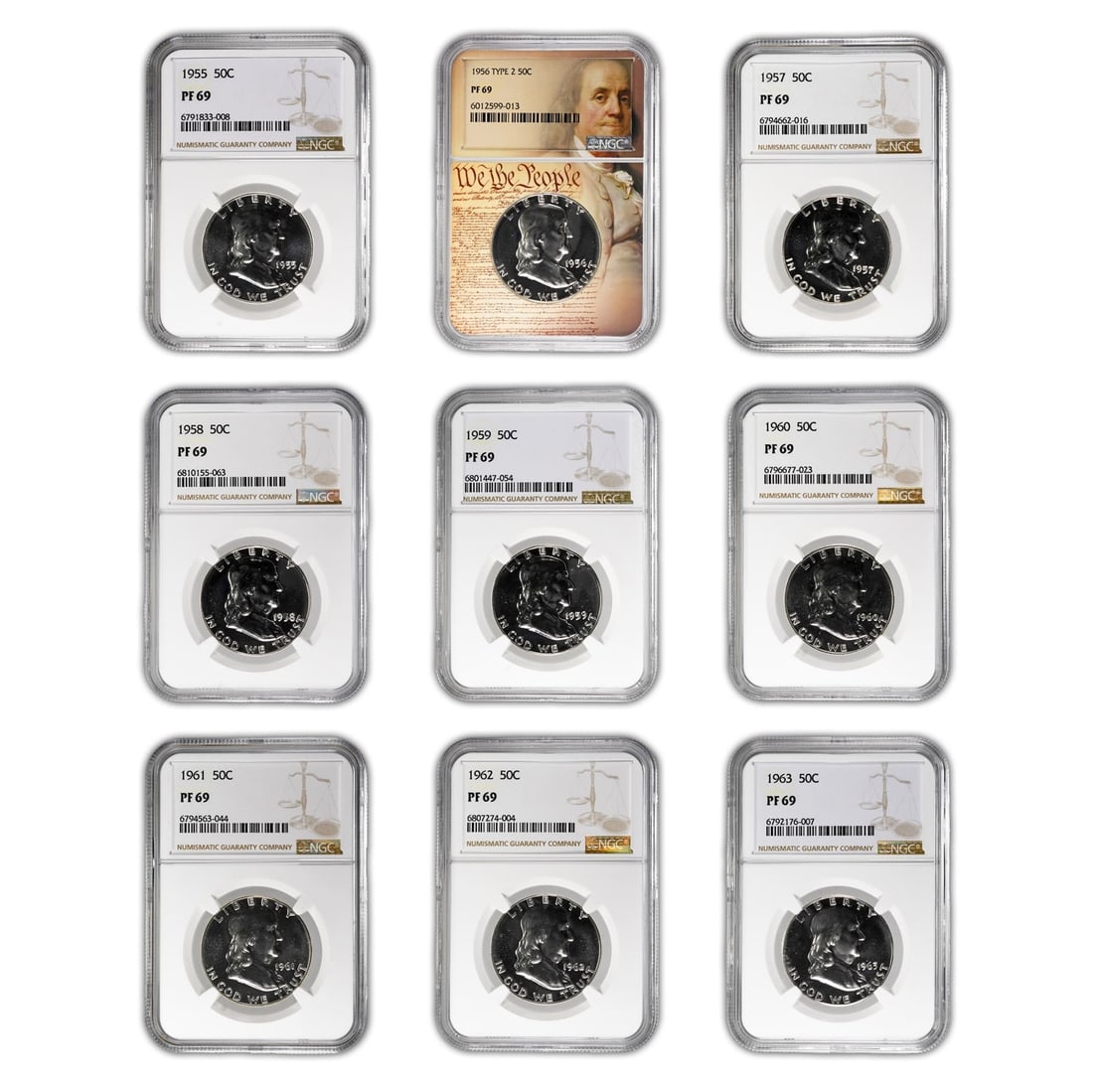 Set of 9 Franklin Half Dollars 1955-1963 NGC PF69 Silver Coins: Set of 9 Franklin Half Dollars 1955-1963 NGC PF69 Silver Coins This exquisite set features nine uncirculated 1955-1963 Franklin Half Dollars, all graded PF69 by NGC. Each coin showcases the beautiful