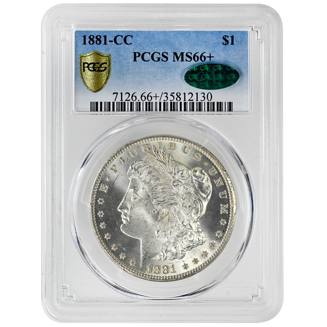 1881-CC Morgan Dollar $1 PCGS MS66+ CAC Certified Rare Coin: 1881-CC Morgan Dollar $1 PCGS MS66+ CAC Certified Rare Coin This 1881-CC $1 Morgan Dollar is an exceptional find, featuring a striking finish and superior luster. Graded MS66+ by PCGS and certified by
