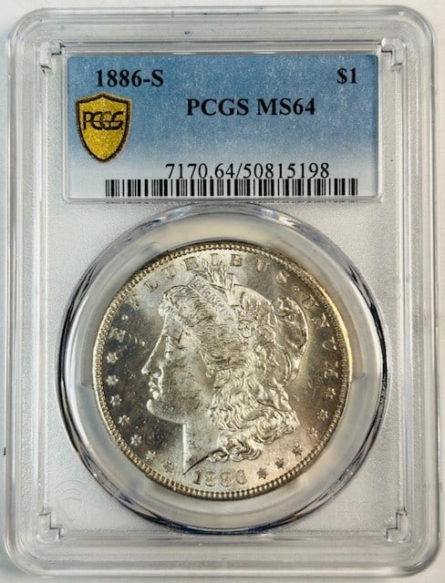 PCGS MS64 San Francisco 1886 Morgan Dollar Silver Coin: PCGS MS64 San Francisco 1886 Morgan Dollar Silver Coin This 1886 S Morgan Silver Dollar is certified by PCGS with a grade of MS 64, indicating it is uncirculated and in excellent condition. Struck at