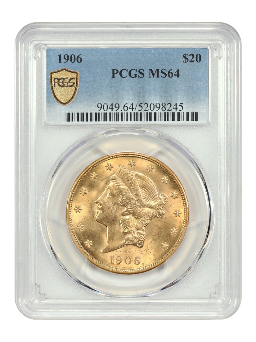 1906 Liberty Head $20 Gold Coin PCGS MS64 Philadelphia Mint: 1906 Liberty Head $20 Gold Coin PCGS MS64 Philadelphia Mint This is a 1906 Liberty Head $20 gold coin graded MS64 by PCGS. Struck at the Philadelphia Mint, this coin is uncirculated and features a sha
