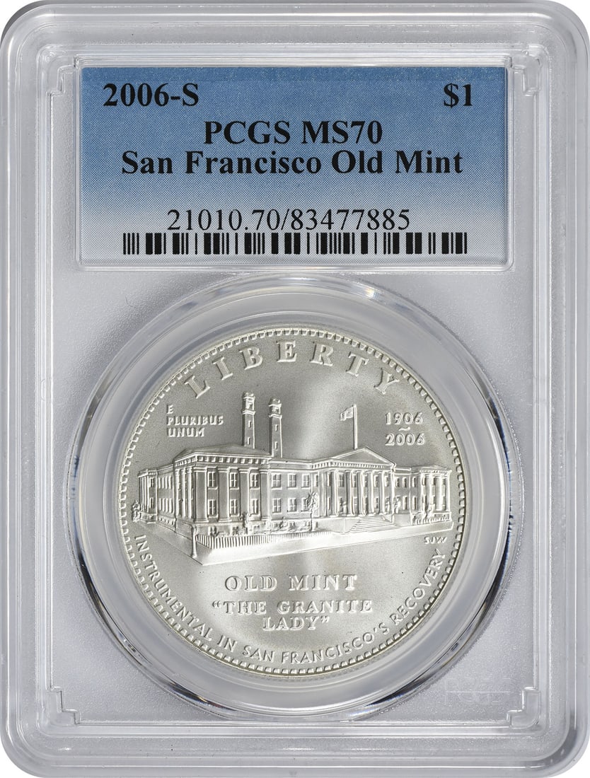 2006-S San Francisco Old Mint Silver Commemorative Dollar MS70 PCGS: 2006-S San Francisco Old Mint Silver Commemorative Dollar MS70 PCGS This 2006-S San Francisco Old Mint Silver Commemorative Dollar is a stunning piece, graded MS70 by PCGS, ensuring its remarkable con