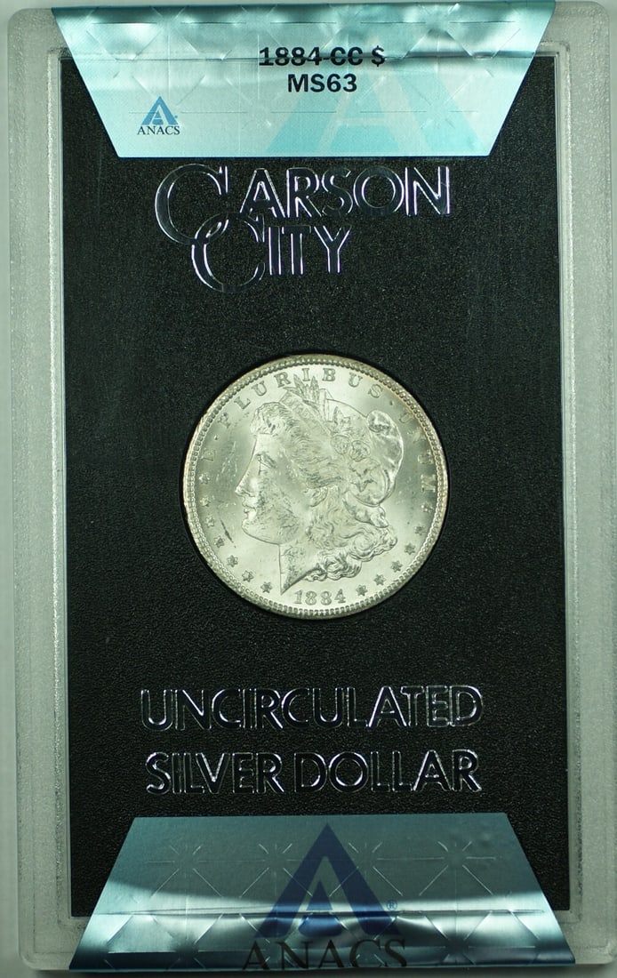 Carson City 1884 Silver Morgan Dollar ANACS MS 63 GSA Holder: Carson City 1884 Silver Morgan Dollar ANACS MS 63 GSA Holder This is an 1884-CC Morgan Silver Dollar coin certified by ANACS with a grade of MS 63. Minted in Carson City, United States, this uncircula