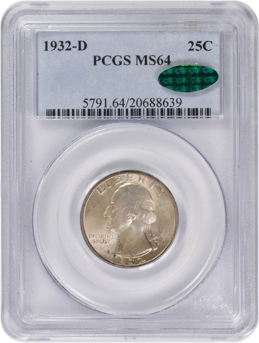 PCGS CAC MS64 1932-D Washington Quarter 90 Percent Silver Coin (1 of 4)