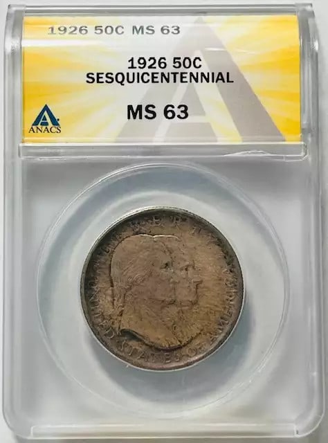 1926 Silver Commemorative Dollar ANACS MS63 American Independence: 1926 Silver Commemorative Dollar ANACS MS63 American Independence Celebrate a significant moment in history with this 1926 Commemorative Sesquicentennial of American Independence coin. Graded MS-63 by