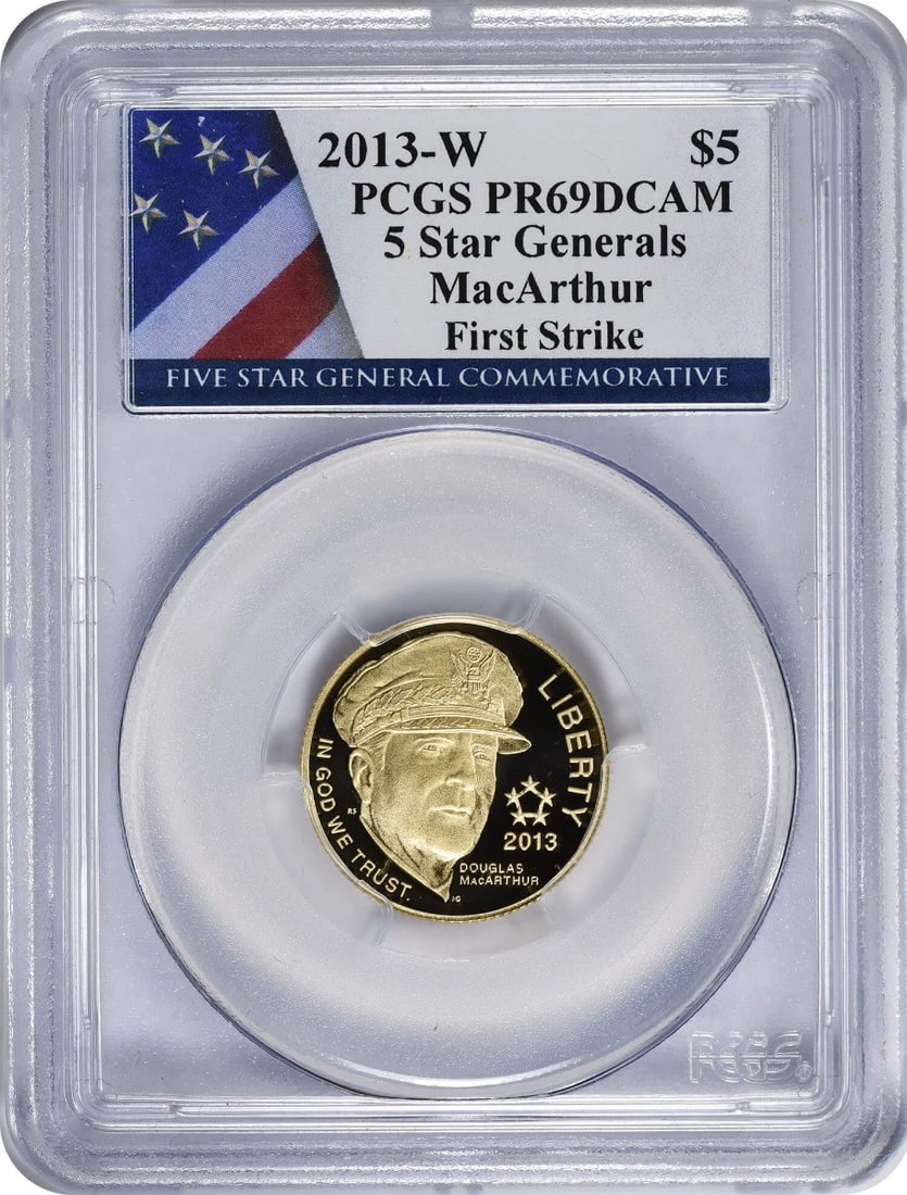 2013-W 5 Star Generals $5 Gold Coin PR69DCAM First Strike PCGS: 2013-W 5 Star Generals $5 Gold Coin PR69DCAM First Strike PCGS This stunning 2013-W 5 Star Generals $5 Gold Coin is a remarkable commemorative piece certified by PCGS as PR69DCAM. Showcasing a perfect