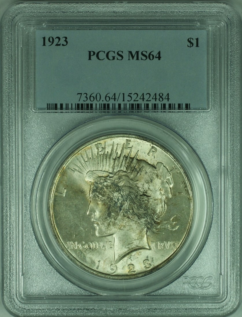 PCGS MS64 1923 Peace Dollar Silver Coin With Attractive Toning: PCGS MS64 1923 Peace Dollar Silver Coin With Attractive Toning This is a 1923 Peace Silver Dollar $1 coin, certified by PCGS with a grade of MS-64. The coin features attractive toning and was minted i