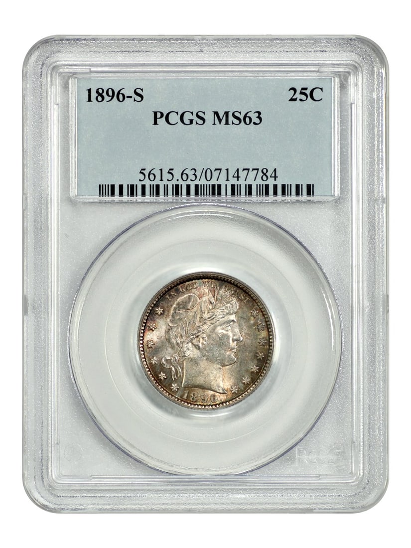 PCGS MS63 1896-S Barber Quarter Key Date San Francisco Mint 25C: PCGS MS63 1896-S Barber Quarter Key Date San Francisco Mint 25C This 1896-S Barber Quarter is a classic key date coin, recognized as one of the most sought-after issues in the series due to its low mi