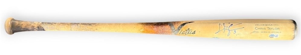 Game Used Chris Taylor Autographed Dodgers Baseball Bat Beckett Authenticated: Game Used Chris Taylor Autographed Dodgers Baseball Bat Beckett Authenticated This is an original game-used baseball bat autographed by Chris Taylor of the Los Angeles Dodgers. The bat features ink sm