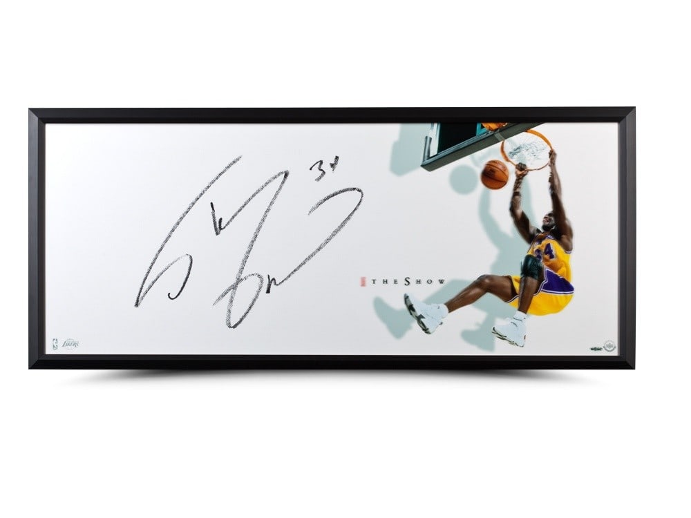 Shaquille O'Neal Autographed 46x20 Framed Photo with Upper Deck Authentication: Shaquille O'Neal Autographed 46x20 Framed Photo with Upper Deck Authentication This impressive 46" x 20" framed photo captures the legendary Shaquille O'Neal in action with the Los Angeles Lakers. Aut