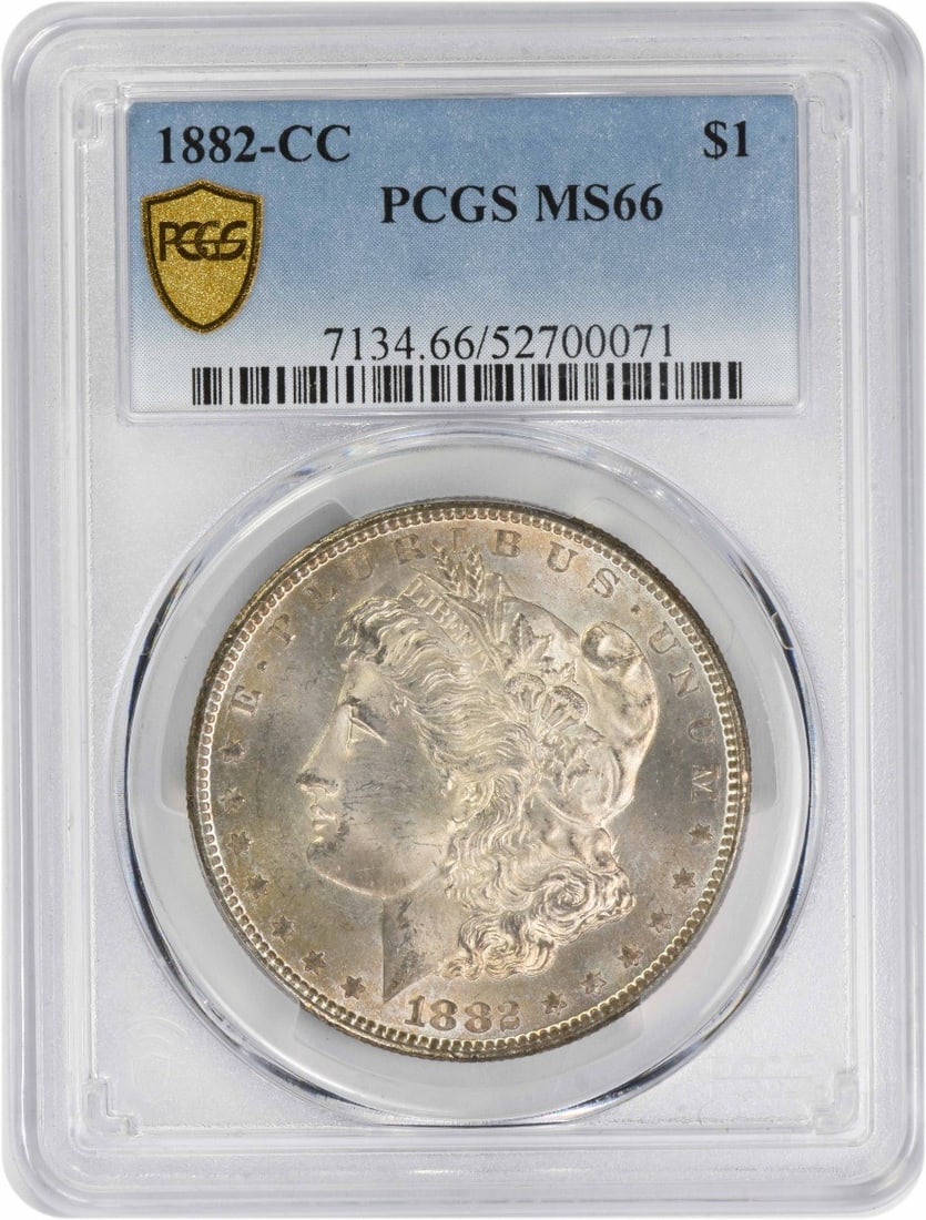 MS66 Graded 1882 Carson City Morgan Dollar PCGS Certified Toned Example: MS66 Graded 1882 Carson City Morgan Dollar PCGS Certified Toned Example This 1882-CC Morgan Silver Dollar is graded MS66 by PCGS and features attractive toning. Struck at the Carson City Mint, this un