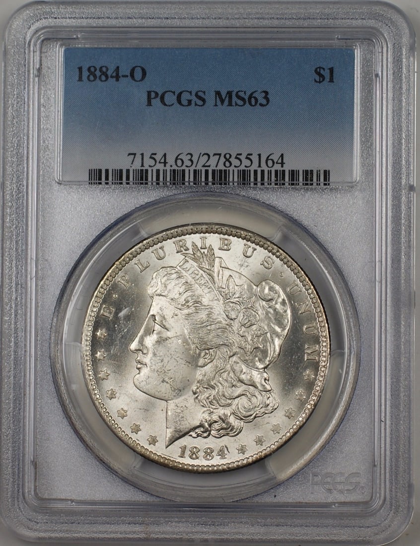 PCGS MS-63 1884-O Morgan Dollar Silver Coin from New Orleans Mint: PCGS MS-63 1884-O Morgan Dollar Silver Coin from New Orleans Mint This is an 1884-O Morgan Silver Dollar, minted in New Orleans and certified by PCGS with a grade of MS 63. The coin is composed of 90%