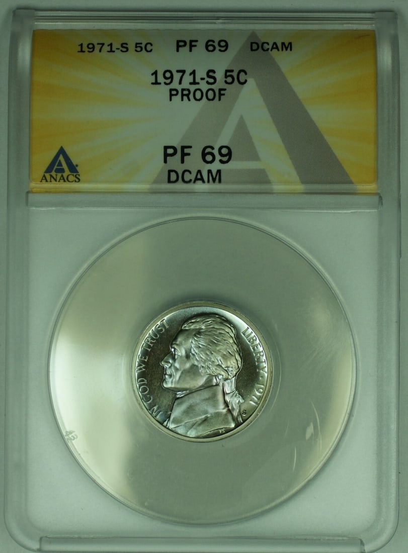 Toned 1971-S Jefferson Nickel Proof ANACS PR 69 DCAM 5 Cent Coin: Toned 1971-S Jefferson Nickel Proof ANACS PR 69 DCAM 5 Cent Coin This is a 1971-S Jefferson Nickel, a proof coin from the United States with a denomination of 5 cents. The coin is graded PR 69 Deep Ca
