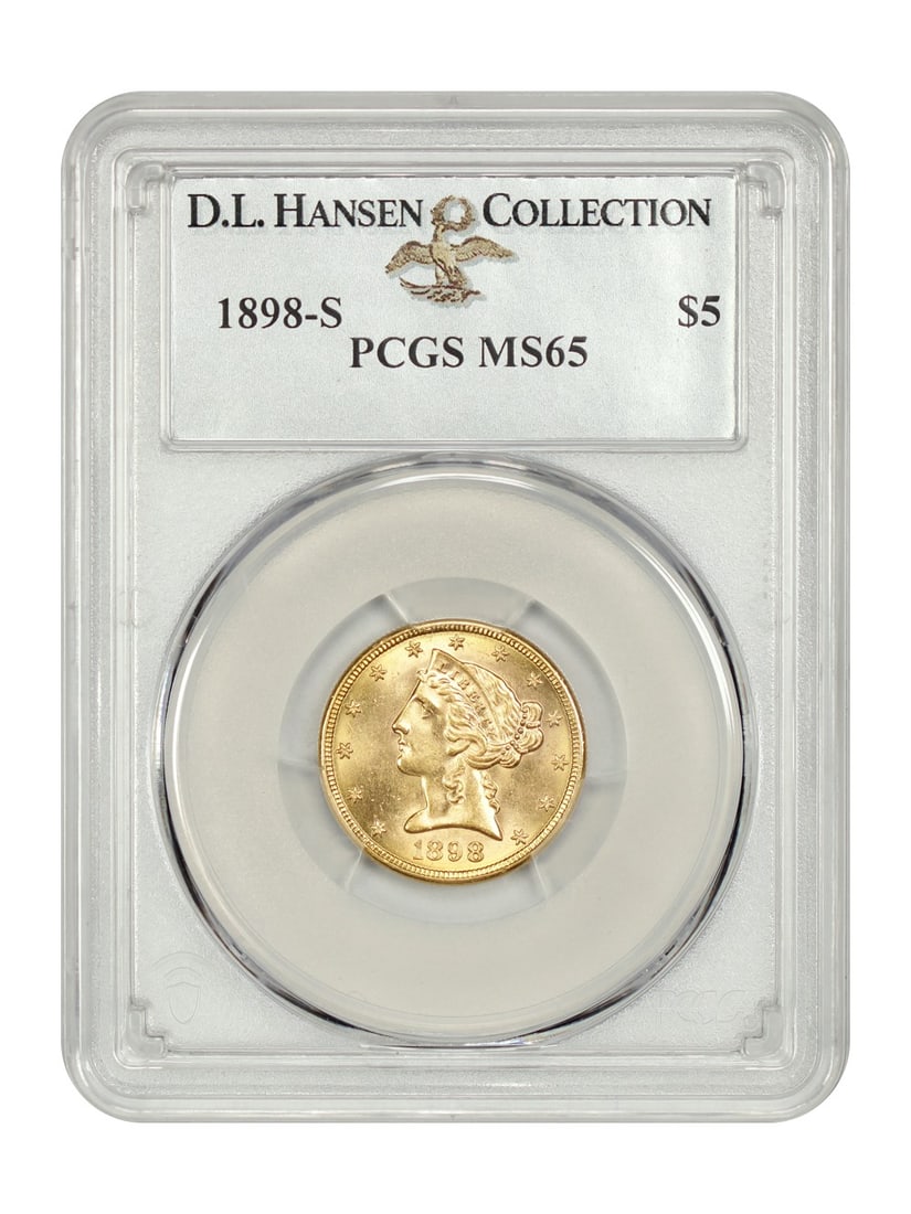 1898-S Liberty Head $5 PCGS MS65 Gold Coin D.L. Hansen: 1898-S Liberty Head $5 PCGS MS65 Gold Coin D.L. Hansen This stunning 1898-S Liberty Head $5 gold coin is graded MS65 by PCGS, showcasing remarkable quality and preservation. With only six examples gra
