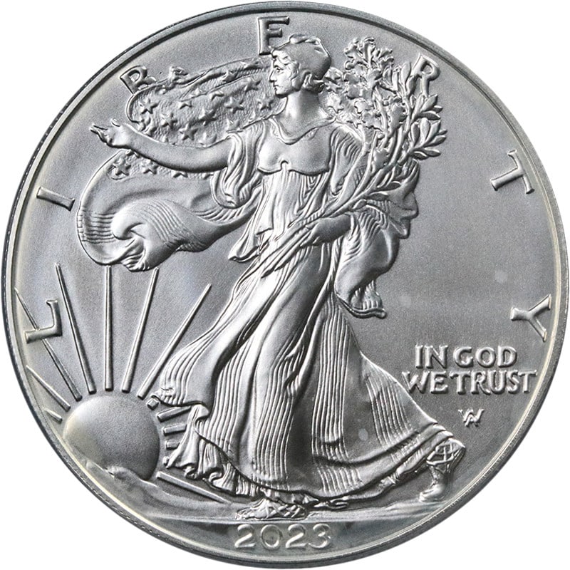 PCGS SP70 Burnished 2023-W Silver Eagle Dollar First Day Cleveland Autograph: PCGS SP70 Burnished 2023-W Silver Eagle Dollar First Day Cleveland Autograph This 2023-W Silver American Eagle $1 coin is burnished and graded SP70 by PCGS. Struck at the West Point Mint, it is compos