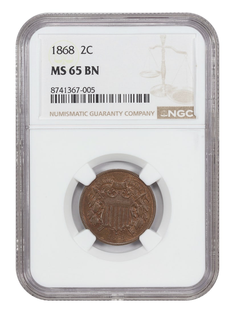 1868 Two Cent MS65BN NGC Certified Coin: 1868 Two Cent MS65BN NGC Certified Coin This 1868 Two Cent coin is graded MS65BN by NGC, indicating a Mint State condition with a brown designation. Struck in Philadelphia, it is an uncirculated examp