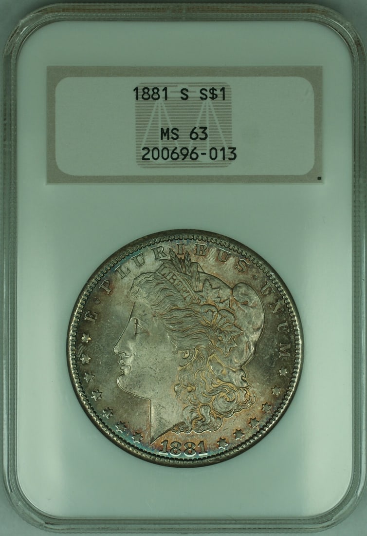 NGC MS-63 1881-S Morgan $1 Silver Dollar San Francisco Mint Toned: NGC MS-63 1881-S Morgan $1 Silver Dollar San Francisco Mint Toned This is an 1881-S Morgan Silver Dollar $1 coin graded MS-63 by NGC. The coin is composed of silver with a fineness of 0.9 and was mint