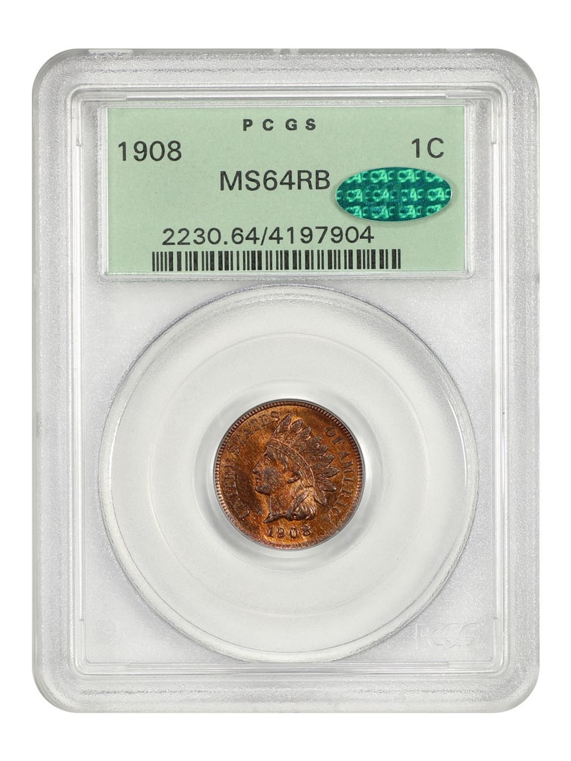 1908 Indian Cent PCGS MS64RB OGH Green Label Certified: 1908 Indian Cent PCGS MS64RB OGH Green Label Certified This 1908 Indian Cent is graded MS64RB by PCGS and features the desirable old green label holder. It is an uncirculated coin with a rich red-brow
