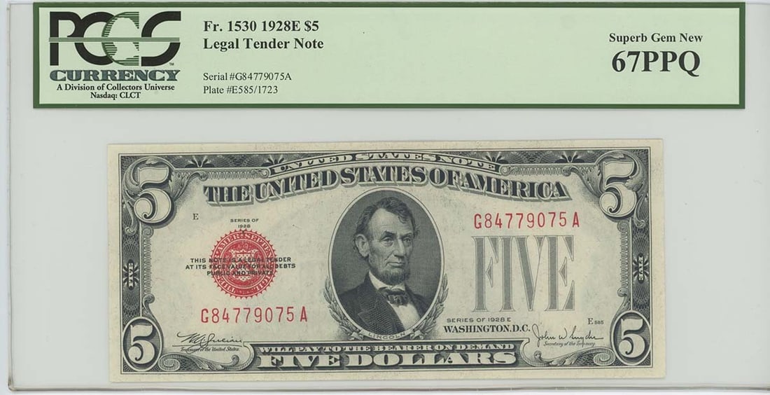 1928E $5 Legal Tender Note FR#1530 PCGS 67 Superb Gem Uncirculated (1 of 2)
