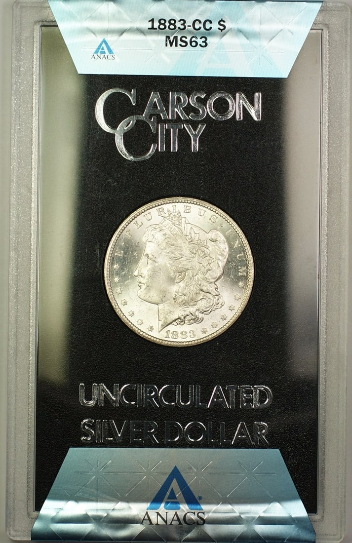 ANACS MS-63 1883-CC Carson City GSA Hoard Morgan Silver Dollar with COA: ANACS MS-63 1883-CC Carson City GSA Hoard Morgan Silver Dollar with COA This is an 1883-CC Morgan Silver Dollar from the GSA Hoard, certified by ANACS with a grade of MS 63. Minted in Carson City, thi
