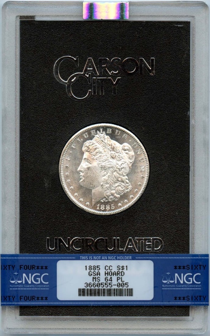 1885-CC Morgan Dollar GSA Hoard NGC MS64PL Proof-Like: 1885-CC Morgan Dollar GSA Hoard NGC MS64PL Proof-Like This 1885-CC Morgan Dollar is a stunning example from the GSA hoard, certified by NGC with a grade of MS64PL, indicating its uncirculated conditio
