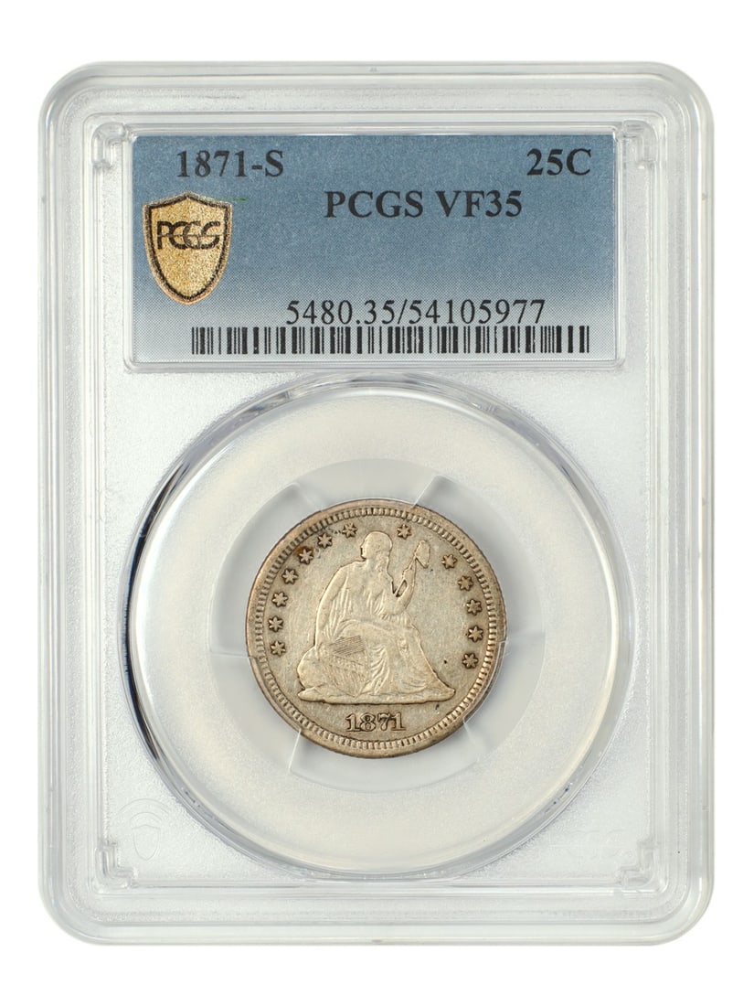 PCGS VF35 1871-S Liberty Seated Quarter San Francisco 25C: PCGS VF35 1871-S Liberty Seated Quarter San Francisco 25C This is an 1871-S Liberty Seated Quarter graded VF35 by PCGS. Minted in San Francisco with a limited mintage of just 30,900 pieces, this circu