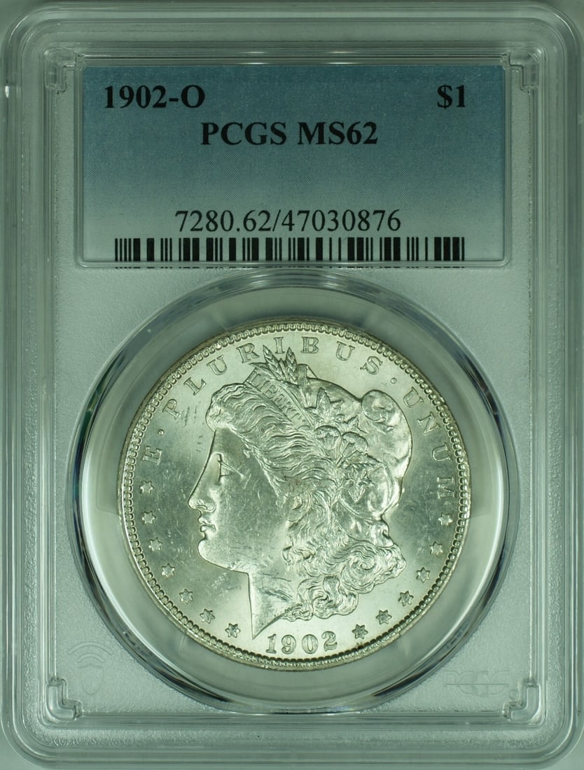 PCGS MS62 1902-O Silver Morgan Dollar New Orleans Mint Certified: PCGS MS62 1902-O Silver Morgan Dollar New Orleans Mint Certified This is a 1902-O Morgan Silver Dollar coin, graded MS-62 by PCGS. Minted in New Orleans, this uncirculated coin features a composition