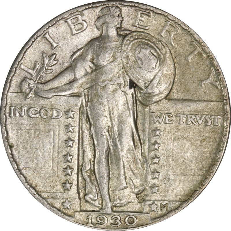 1930-P Standing Liberty Quarter Silver 0.9 Fineness Circulated Coin: 1930-P Standing Liberty Quarter Silver 0.9 Fineness Circulated Coin This 1930-P Standing Liberty Quarter features a classic design that exemplifies the artistry of early 20th-century coinage. Made of