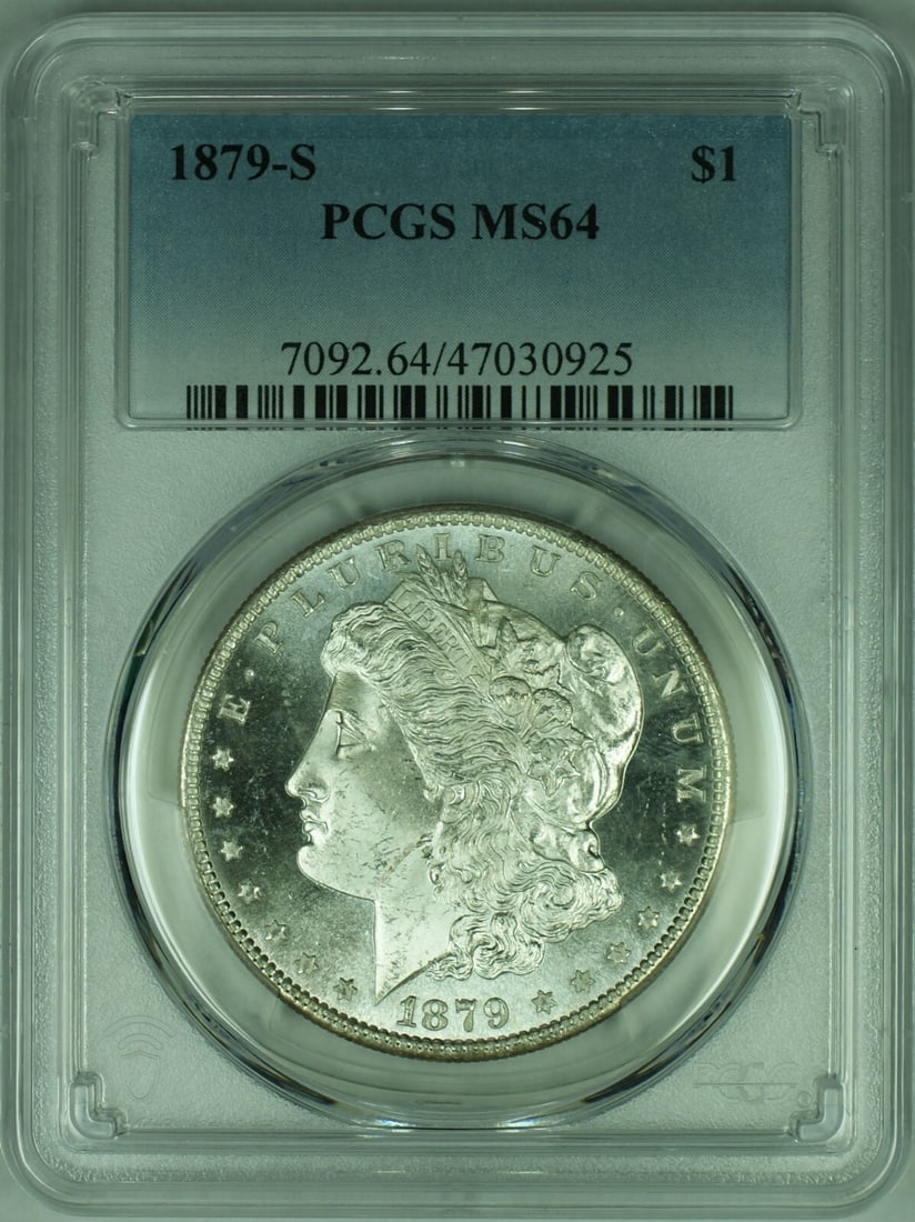 PCGS MS-64 1879-S Morgan Dollar Semi Proof-Like San Francisco Mint Silver Coin: PCGS MS-64 1879-S Morgan Dollar Semi Proof-Like San Francisco Mint Silver Coin This 1879-S Morgan Silver Dollar features semi proof-like surfaces and is graded MS-64 by PCGS. Struck at the San Francis